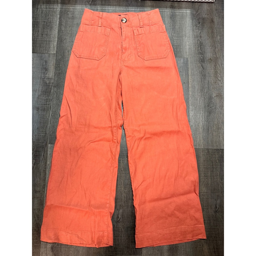 Maeve Anthropologie The Colette Wide-Leg Pants Coral Orange Linen Blend Size 24